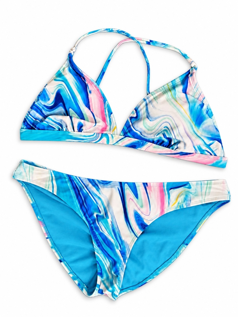 Blue Marble Print Triangle Bikini Set - Women's Swimwear
